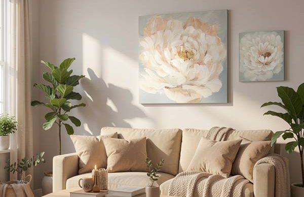 Cuadros pintados a mano para salón — colección Iglú Tiendas Cuadro pintado a mano al óleo abstracto en tonos neutros para decorar pared de salón